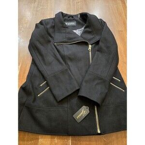 NWT Guess L Black Wool Gold Zip Coat Nordstrom long Chic Classic Asymmetrical